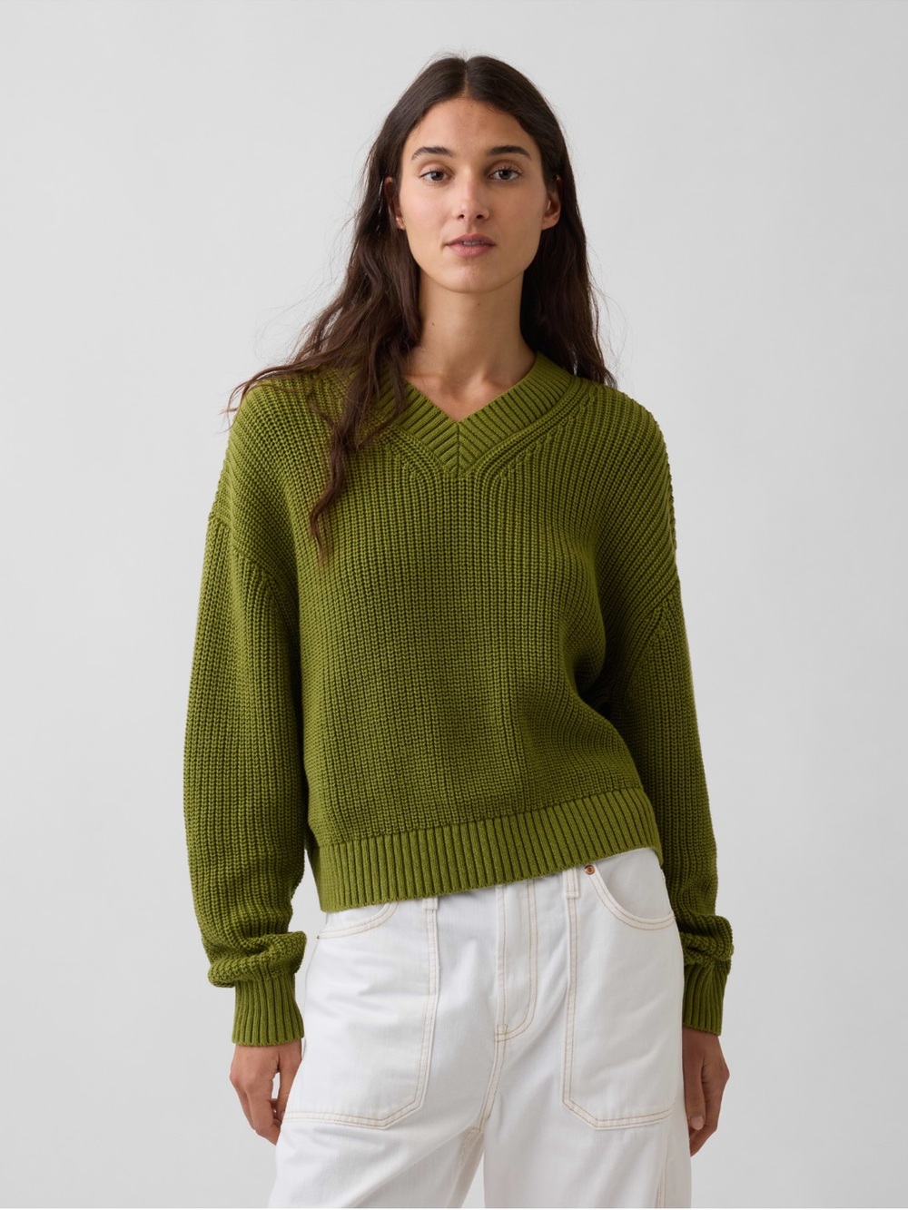 GAP Olive V-Neck Ribbed Knit Sweater